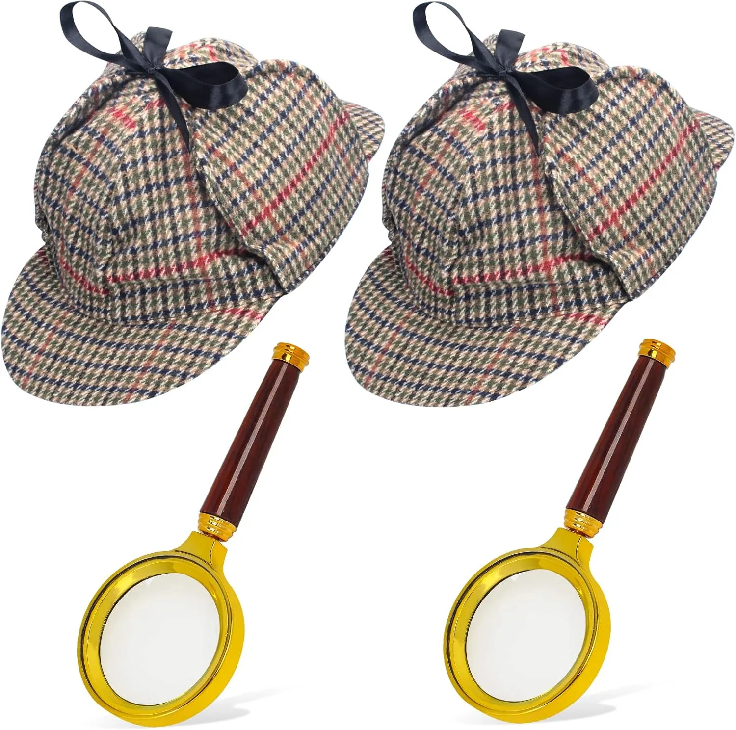 4 Pieces Detective Hat with Magnifier Private Investigator Costume Kit Beret Hat Deerstalker Hat Newsboy Caps for Kids and Adult