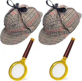 4 Pieces Detective Hat with Magnifier Private Investigator Costume Kit Beret Hat Deerstalker Hat Newsboy Caps for Kids and Adult