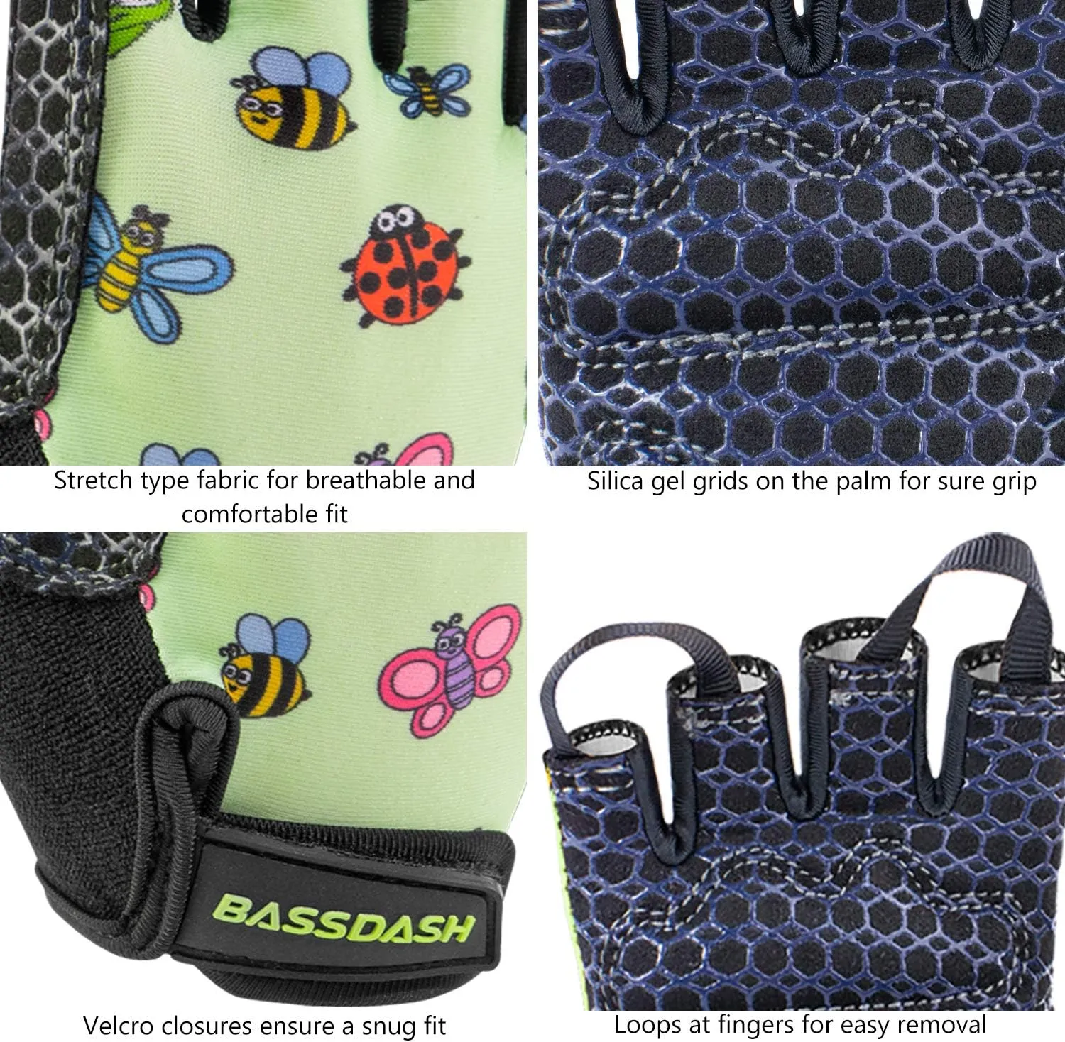 BASSDASH UPF 50  Kids' Gloves with Padded Grippy Palm UV Protection for Bicycles Fishing for 1-8 Years Old Boys Girls