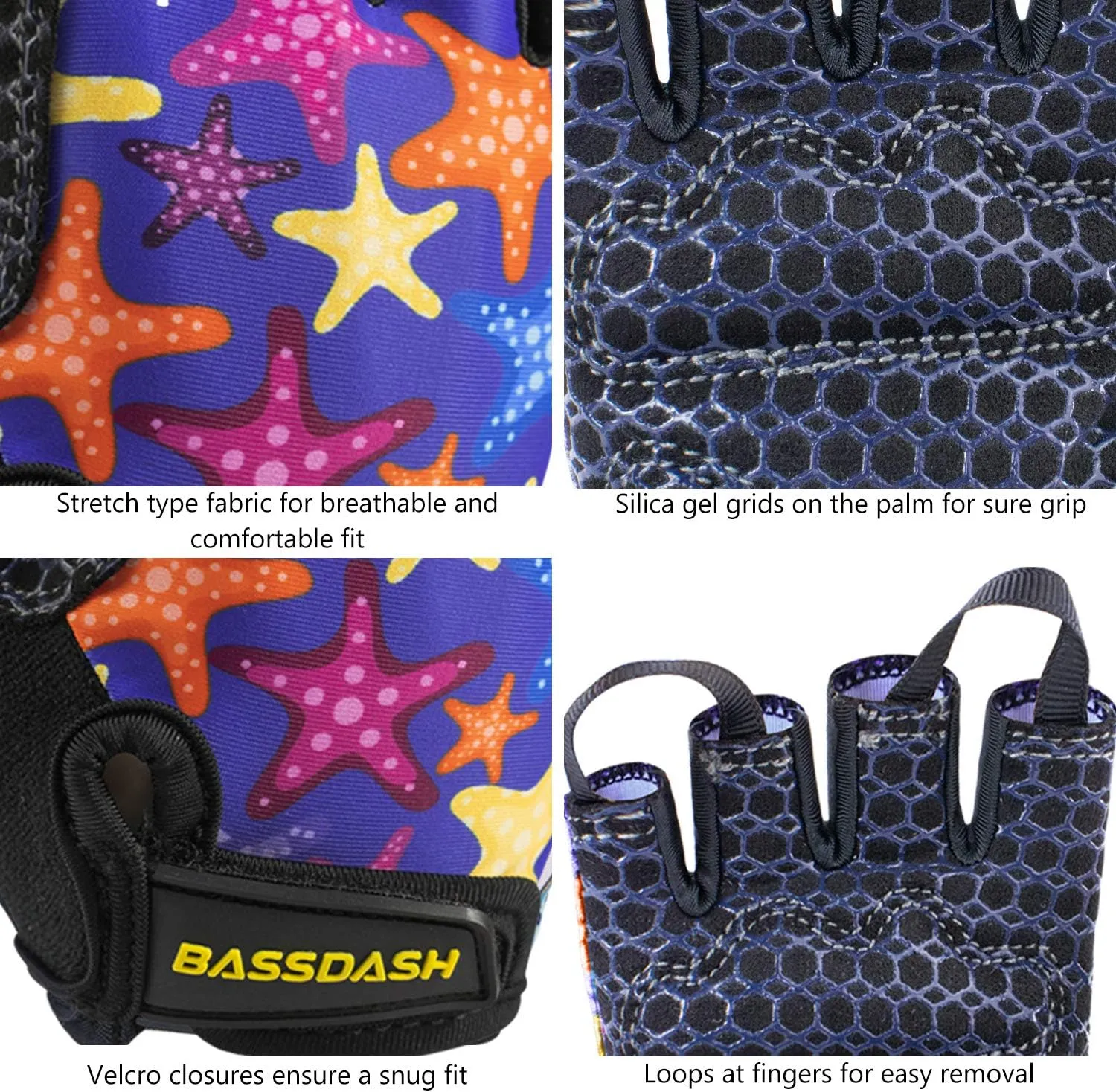 BASSDASH UPF 50  Kids' Gloves with Padded Grippy Palm UV Protection for Bicycles Fishing for 1-8 Years Old Boys Girls