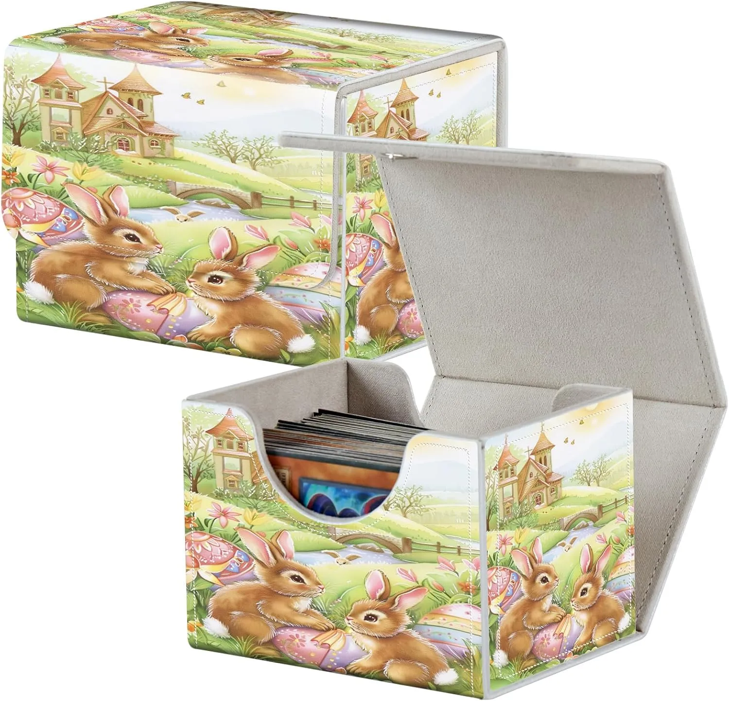 Card Deck Box for MTG Cards,100  Single Sleeved Cards Trading Card Deck Case,Strong Magnet Magic Gathering Deck Box,PU Leather Trading Card Storage Box for TCG,MTG Cards,CCG,Cute Rabbit -1623