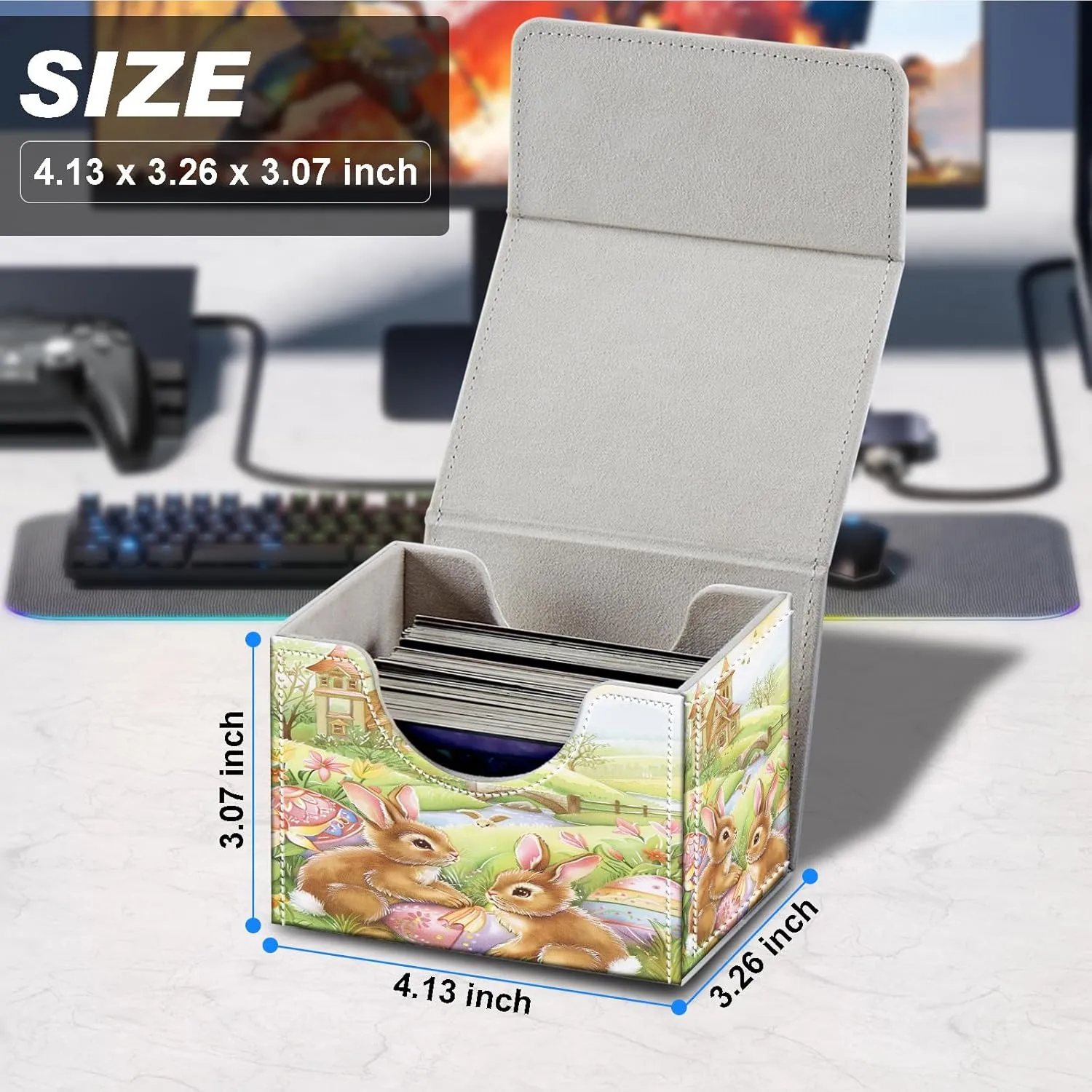 Card Deck Box for MTG Cards,100  Single Sleeved Cards Trading Card Deck Case,Strong Magnet Magic Gathering Deck Box,PU Leather Trading Card Storage Box for TCG,MTG Cards,CCG,Cute Rabbit -1623