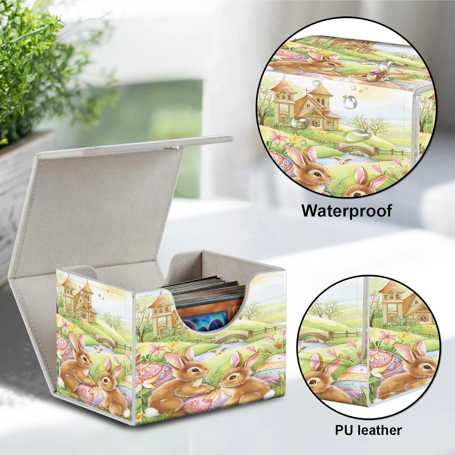 Card Deck Box for MTG Cards,100  Single Sleeved Cards Trading Card Deck Case,Strong Magnet Magic Gathering Deck Box,PU Leather Trading Card Storage Box for TCG,MTG Cards,CCG,Cute Rabbit -1623