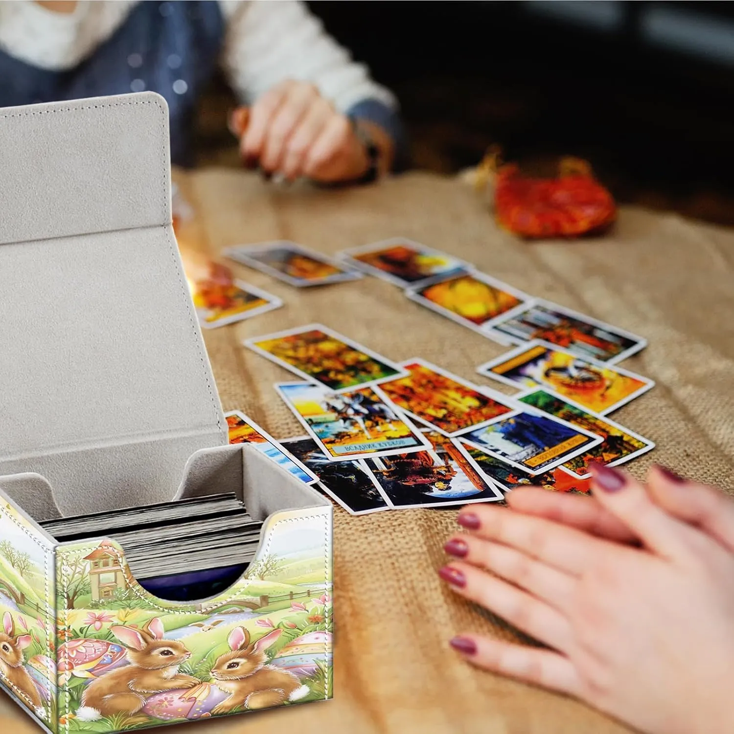 Card Deck Box for MTG Cards,100  Single Sleeved Cards Trading Card Deck Case,Strong Magnet Magic Gathering Deck Box,PU Leather Trading Card Storage Box for TCG,MTG Cards,CCG,Cute Rabbit -1623
