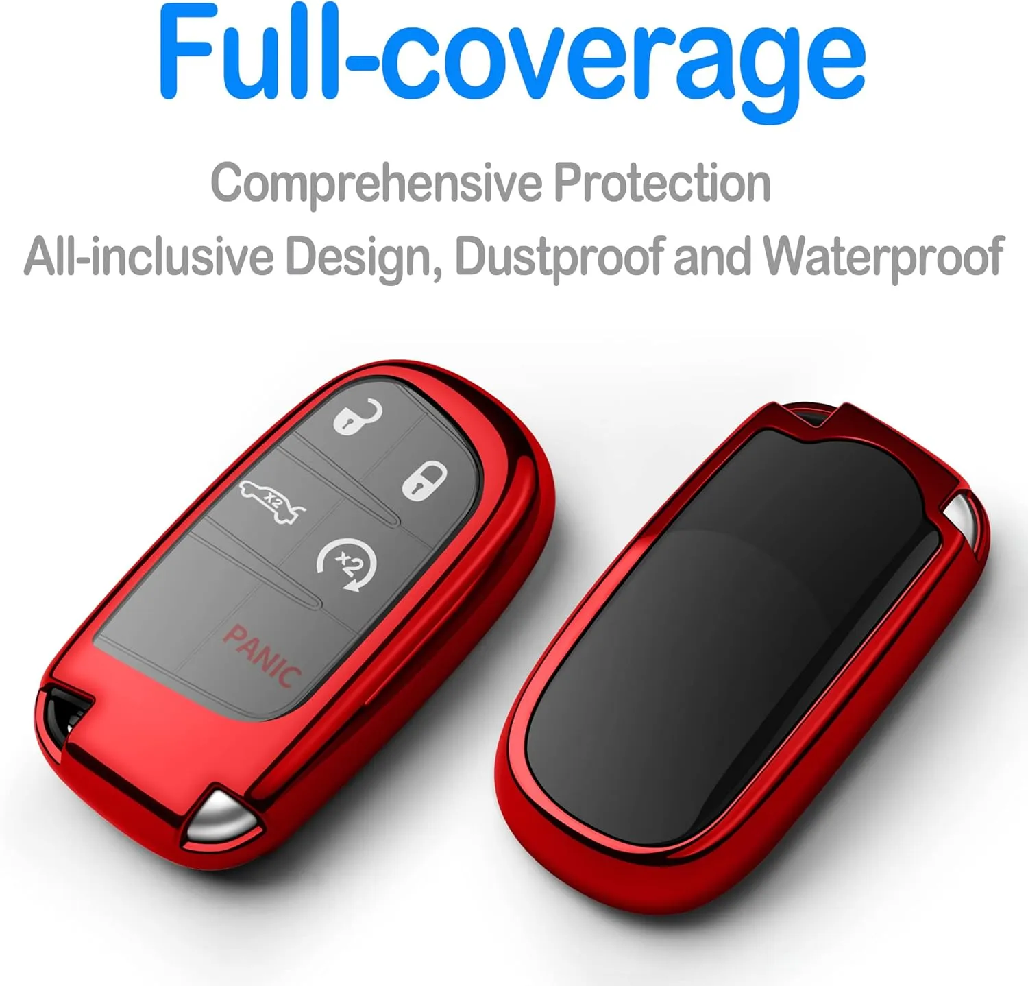 Compatible with Jeep Key Fob Cover with Leather Keychain Soft TPU Protection Key Case for Grand Cherokee Renegade Chrysler 200 300 Dodge RAM Durango Challenger Journey Dart Fiat Smart Key,Red