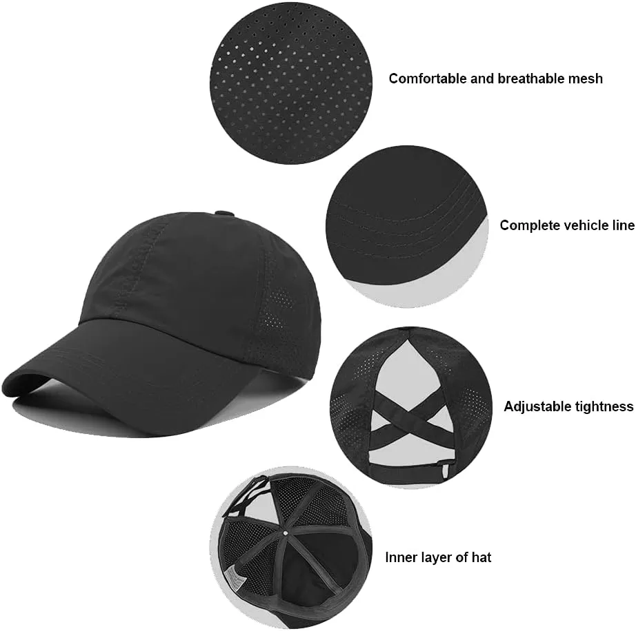Criss-Cross Ponytail-Baseball-Cap for Women - Summer Adjustable Quick-Dry High-Messy-Bun Dad-Hat Fit for 22"