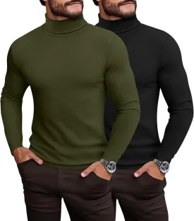Ficerd 2 Pack Men's Turtle Neck Shirts, Lightweight Cotton Pullover Sweater Slim Fit Mock Turtleneck Knitted Long Sleeve Tops