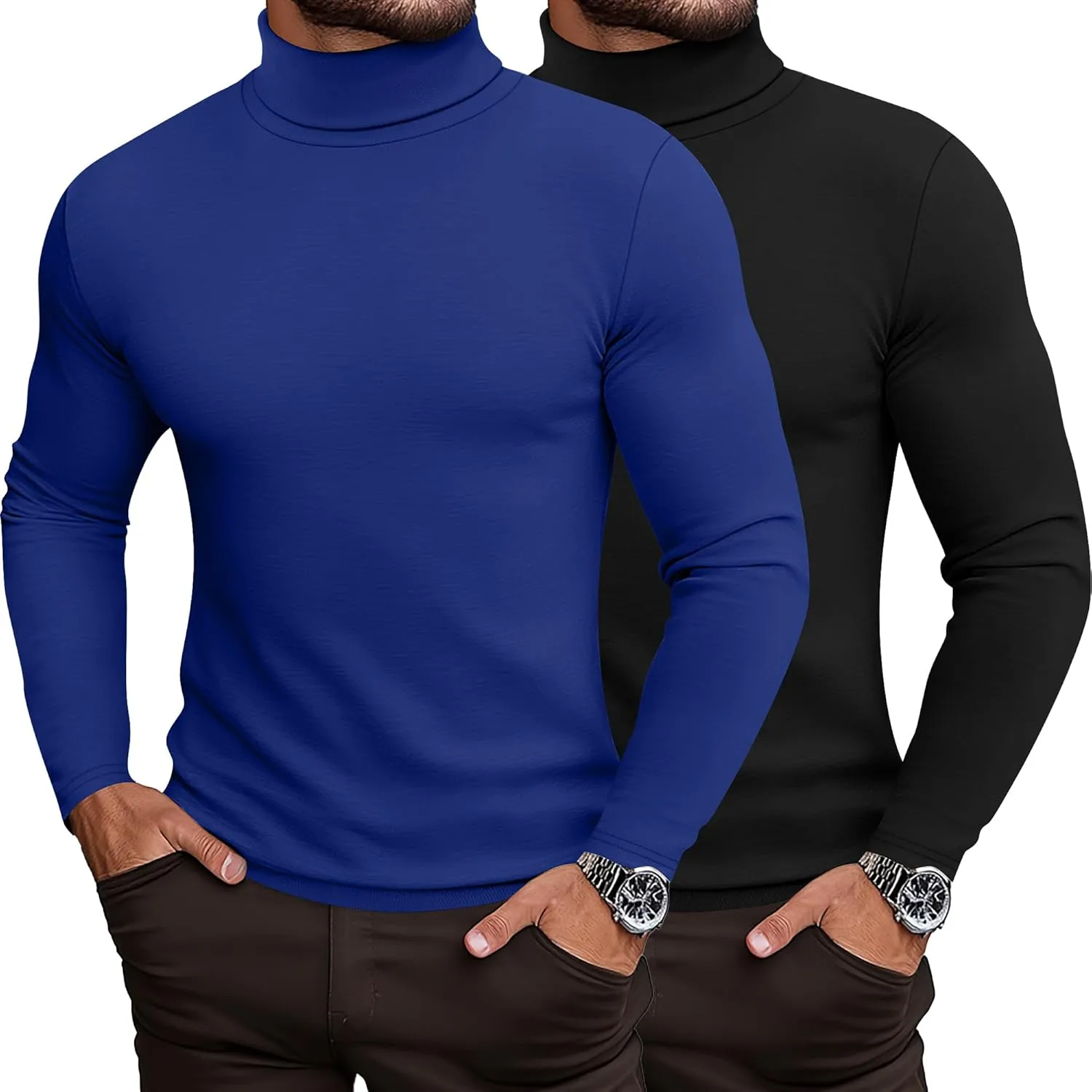 Ficerd 2 Pack Men's Turtle Neck Shirts, Lightweight Cotton Pullover Sweater Slim Fit Mock Turtleneck Knitted Long Sleeve Tops