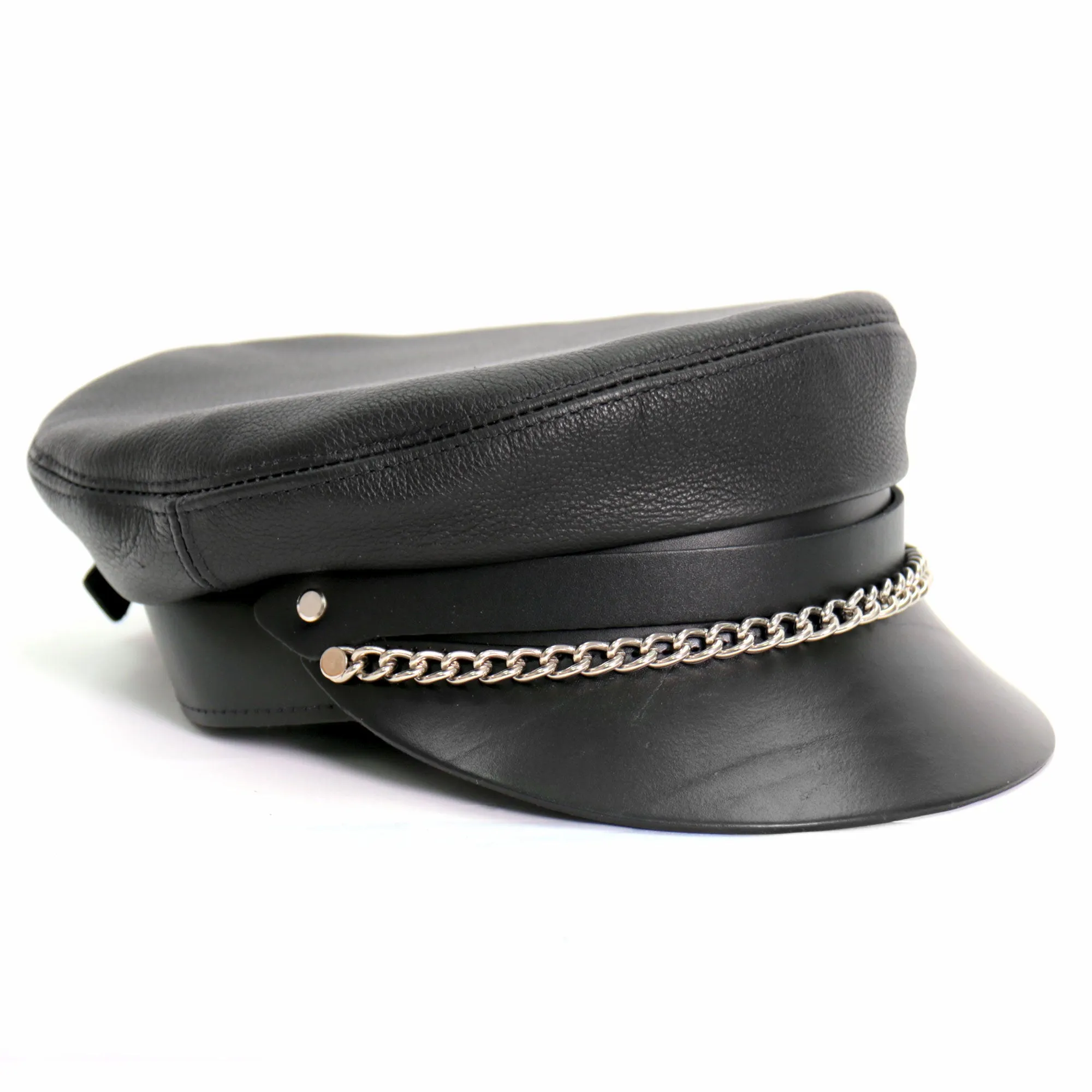 Hot Leathers Flat Top Biker Cap With Chain
