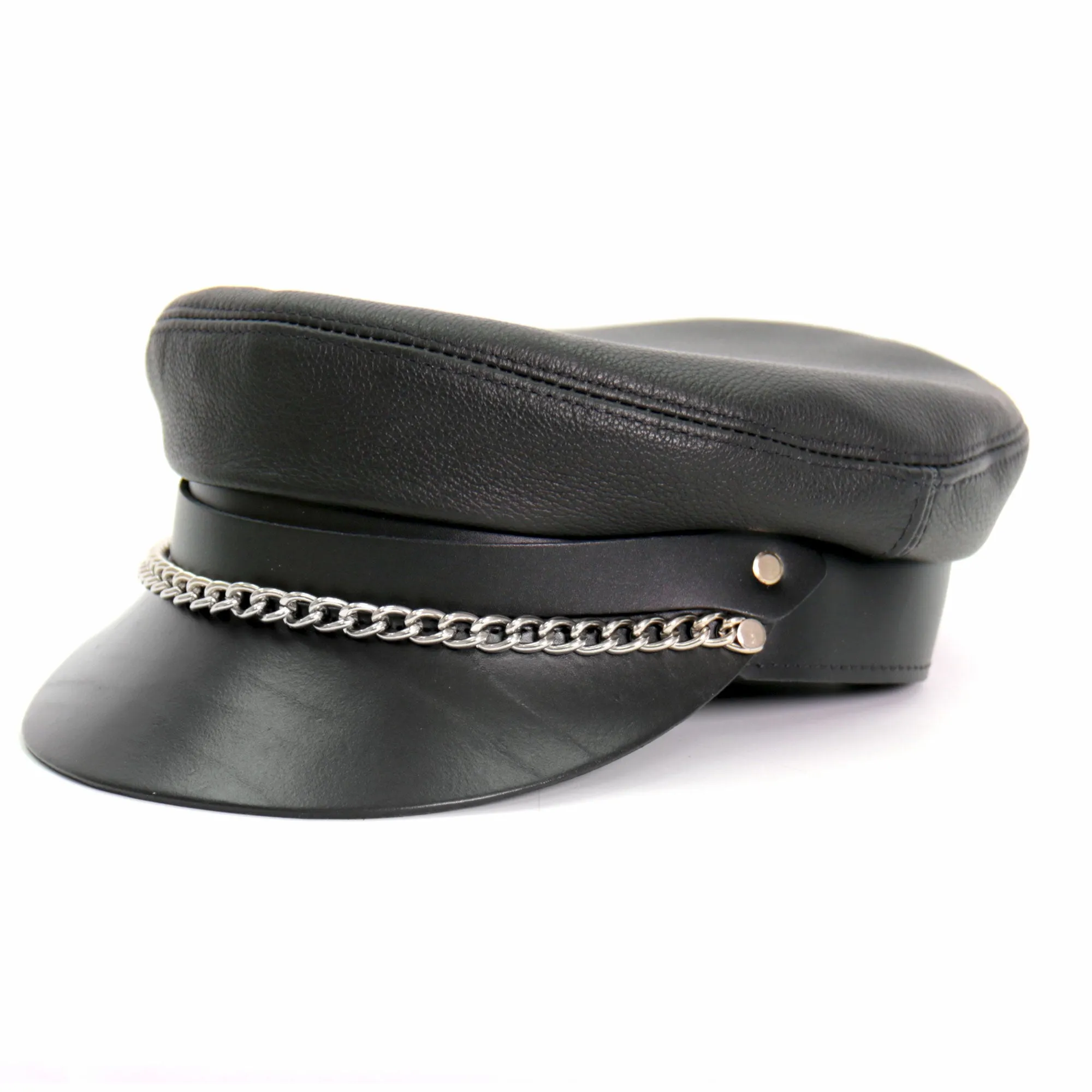 Hot Leathers Flat Top Biker Cap With Chain