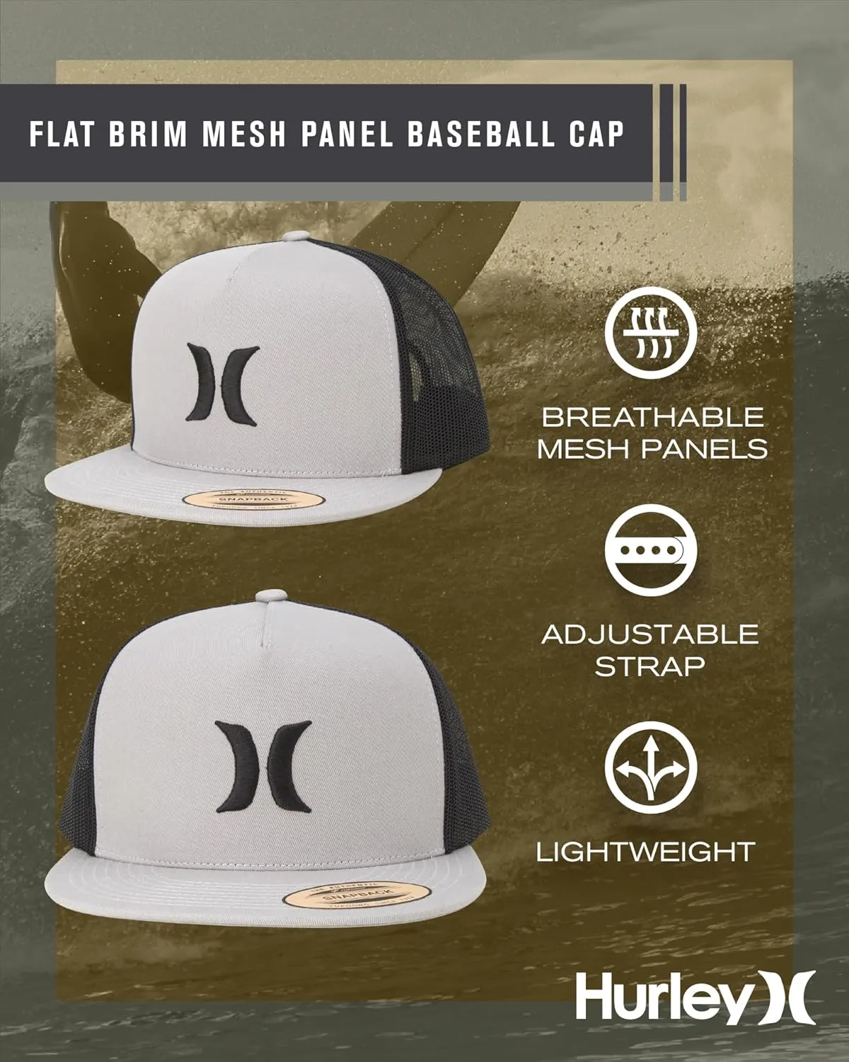 Hurley Men's Caps - Flat Brim Mesh Panel Baseball Cap Trucker Hat - Snap Back Hats for Men