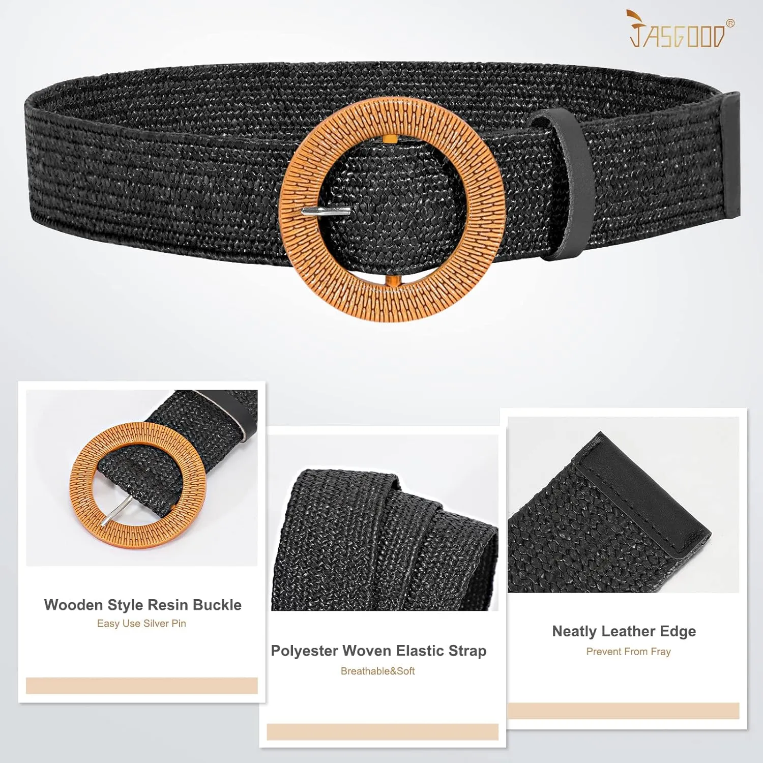 JASGOOD Straw Woven Elastic Stretch Belts Women Raffia Dress Waist Band Boho Ladies Braided Dress Belts
