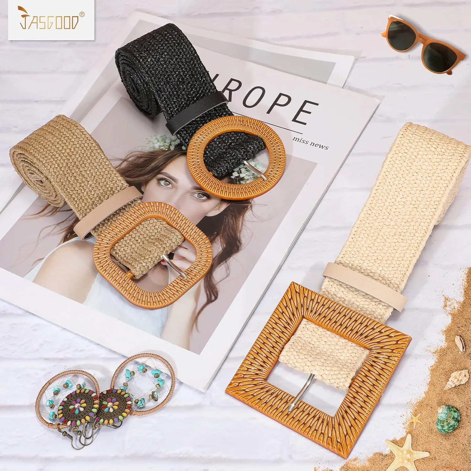 JASGOOD Straw Woven Elastic Stretch Belts Women Raffia Dress Waist Band Boho Ladies Braided Dress Belts