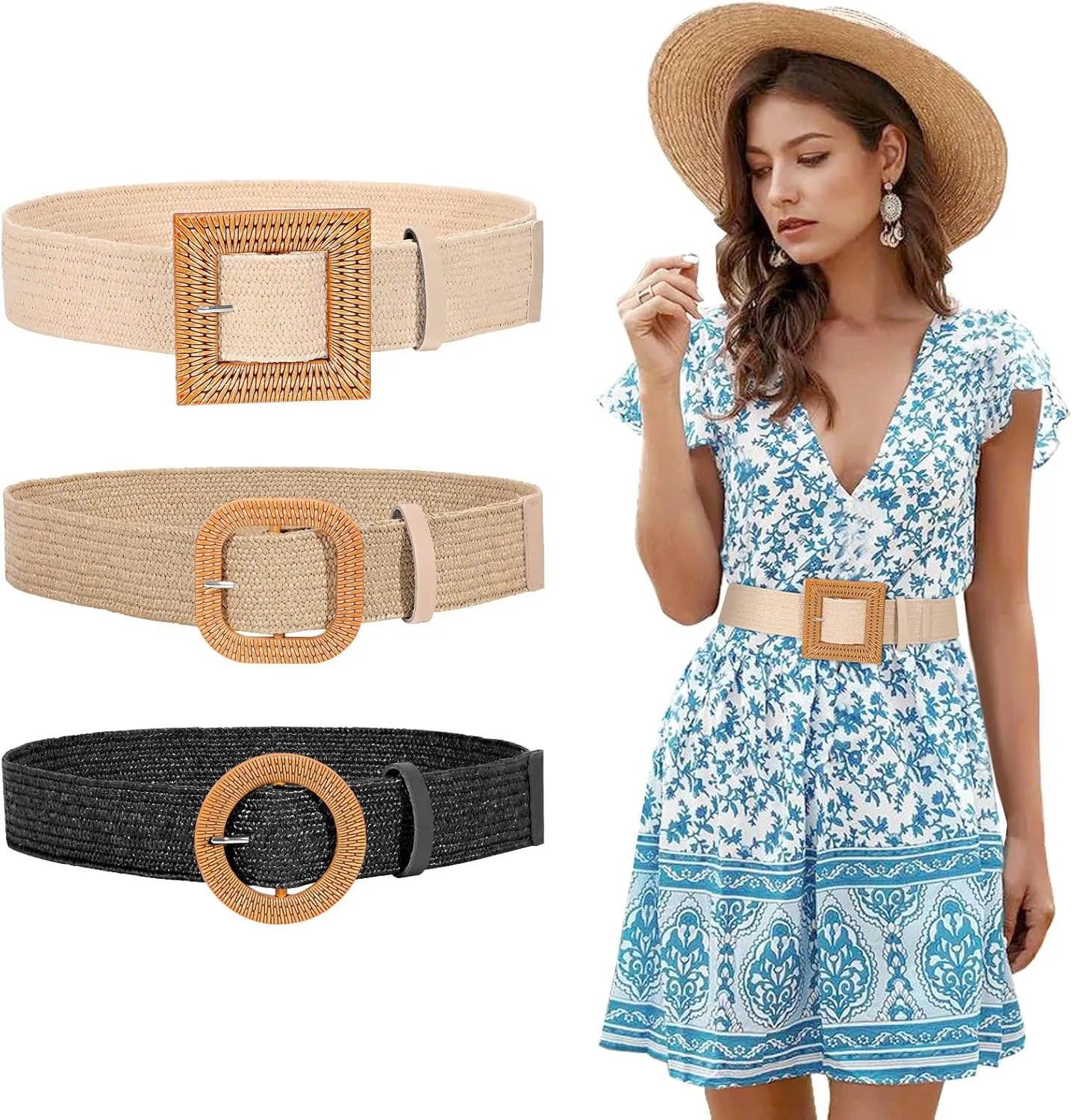 JASGOOD Straw Woven Elastic Stretch Belts Women Raffia Dress Waist Band Boho Ladies Braided Dress Belts
