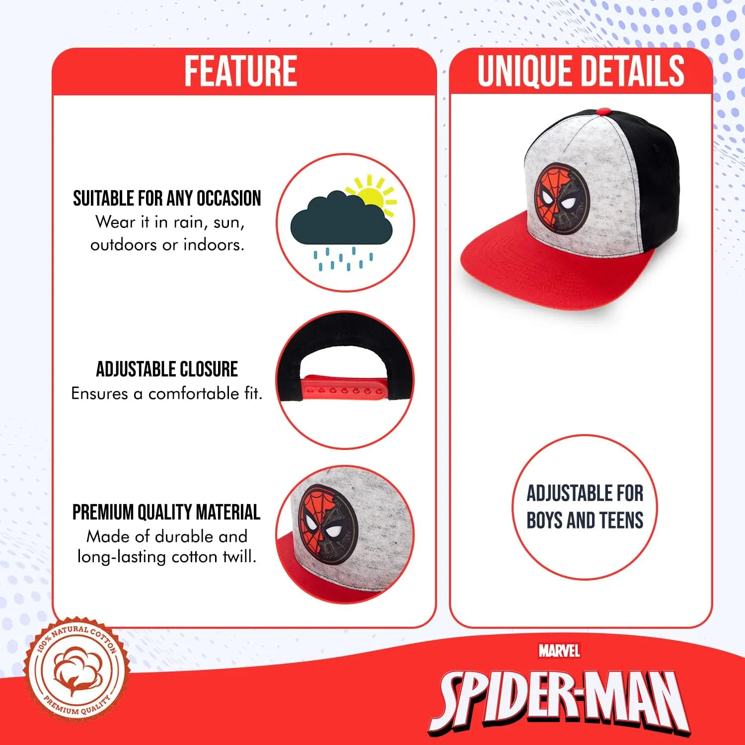 Marvel Spiderman Hat for Boys, Breathable Spiderman Baseball Cap for Toddlers, Boys Ages 3-9
