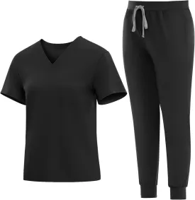 Medical Scrubs Set for Women - Classic V-Neck Top & Jogger Pants with Stretch Nursing Uniform Scrub Suit