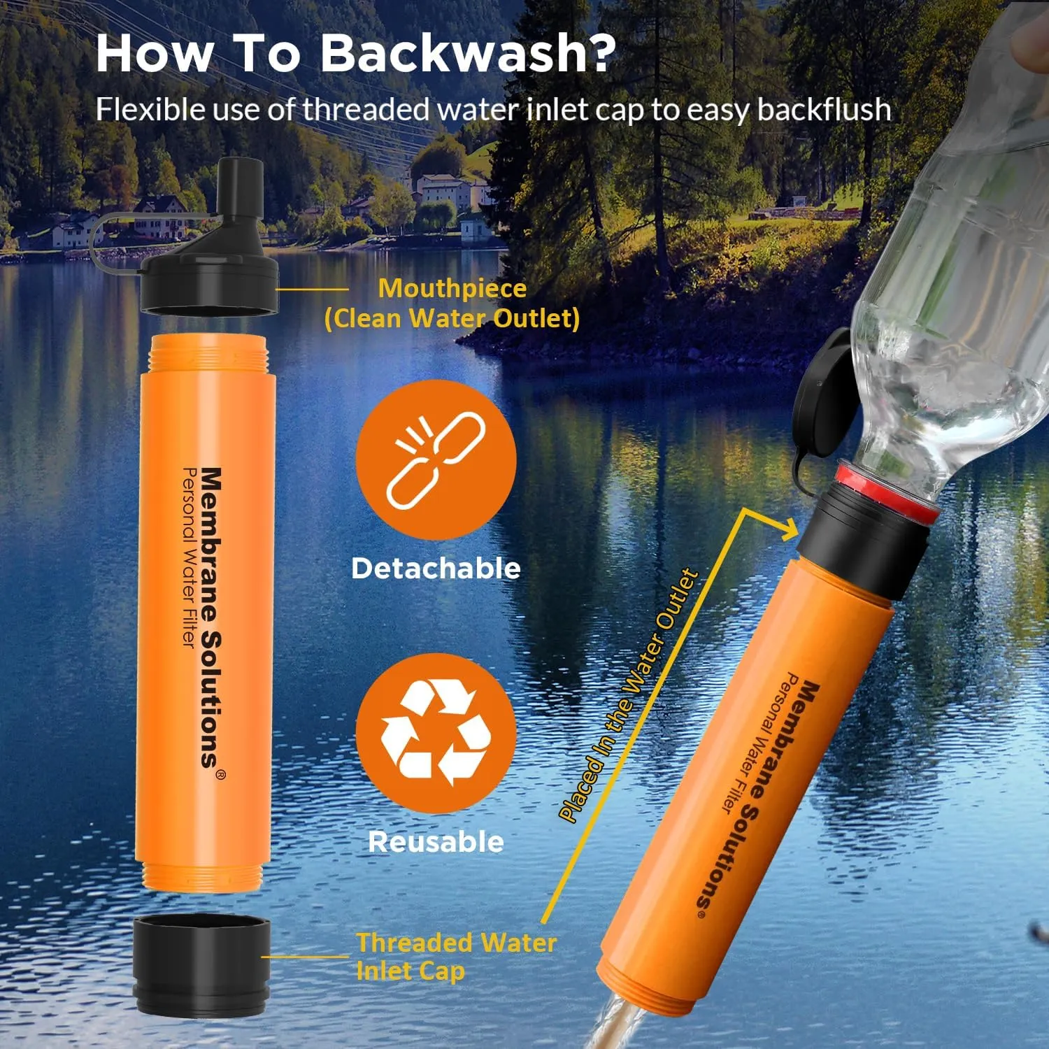 Membrane Solutions Straw Water Filter S1, NSF/ANSI 42&372&401 certificated, Survival Filtration Portable Gear, Emergency Preparedness, Supply for Drinking Hiking Camping Team Family Outing