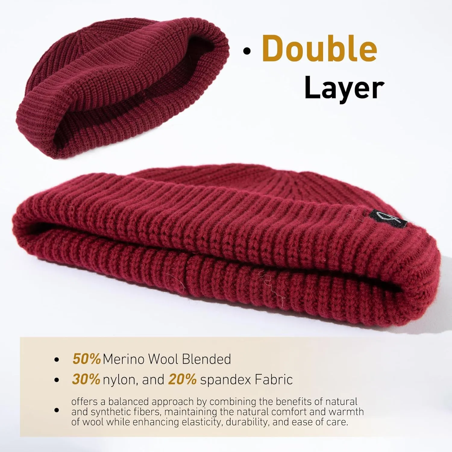 Oversize L/XL/XXL Merino Wool Blend Short Fisheman Beanie Lightweight Warm Hat for Cold Weather Winter