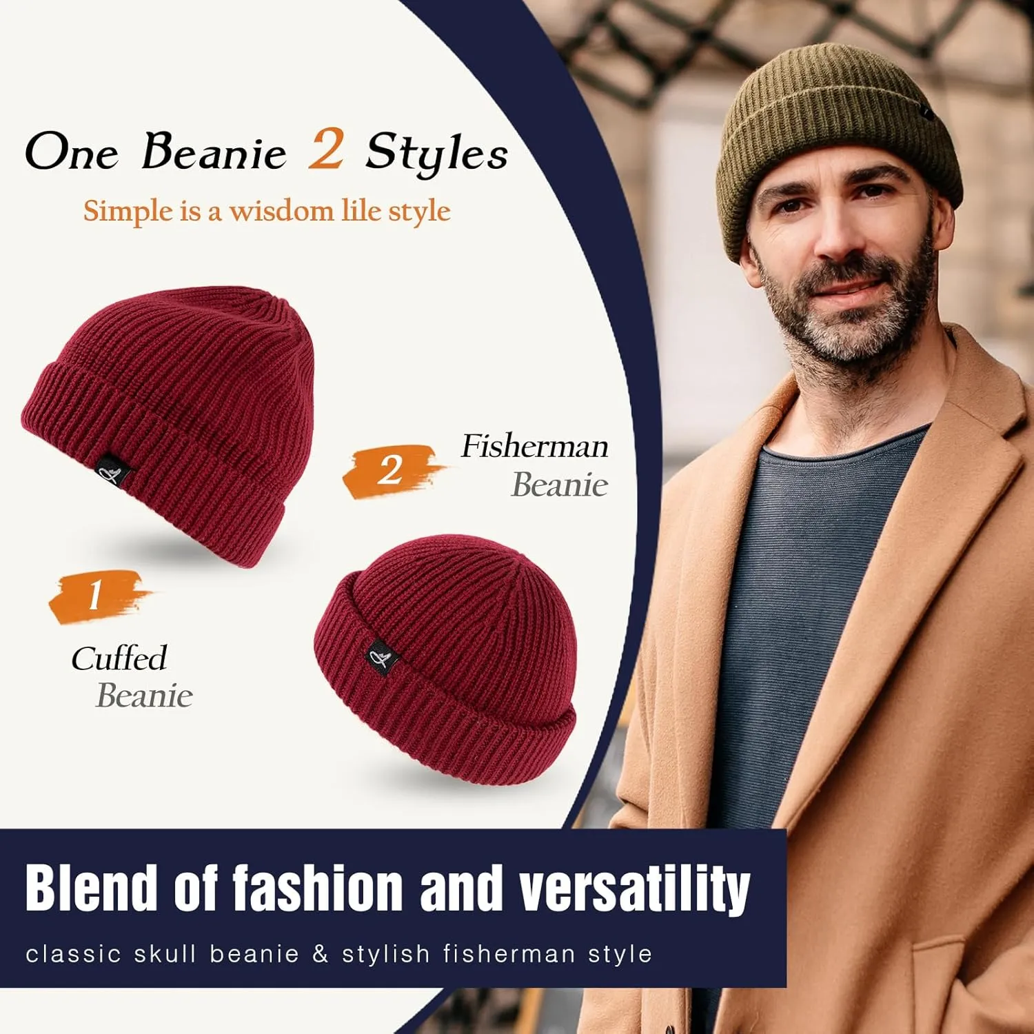 Oversize L/XL/XXL Merino Wool Blend Short Fisheman Beanie Lightweight Warm Hat for Cold Weather Winter