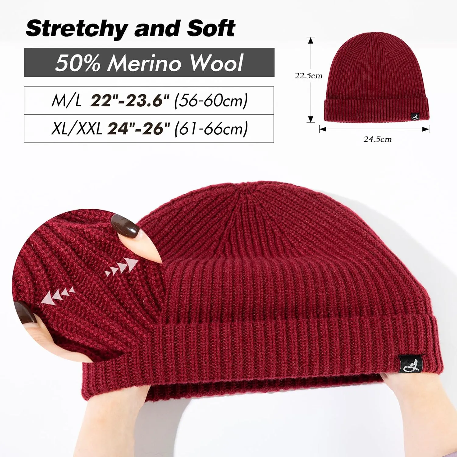 Oversize L/XL/XXL Merino Wool Blend Short Fisheman Beanie Lightweight Warm Hat for Cold Weather Winter