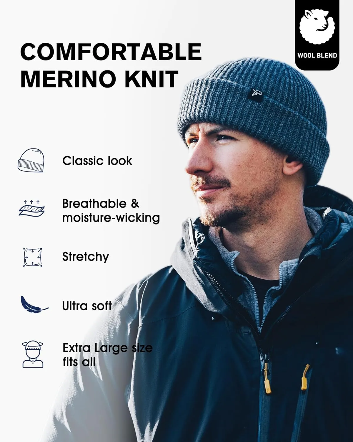 Oversize L/XL/XXL Merino Wool Blend Short Fisheman Beanie Lightweight Warm Hat for Cold Weather Winter