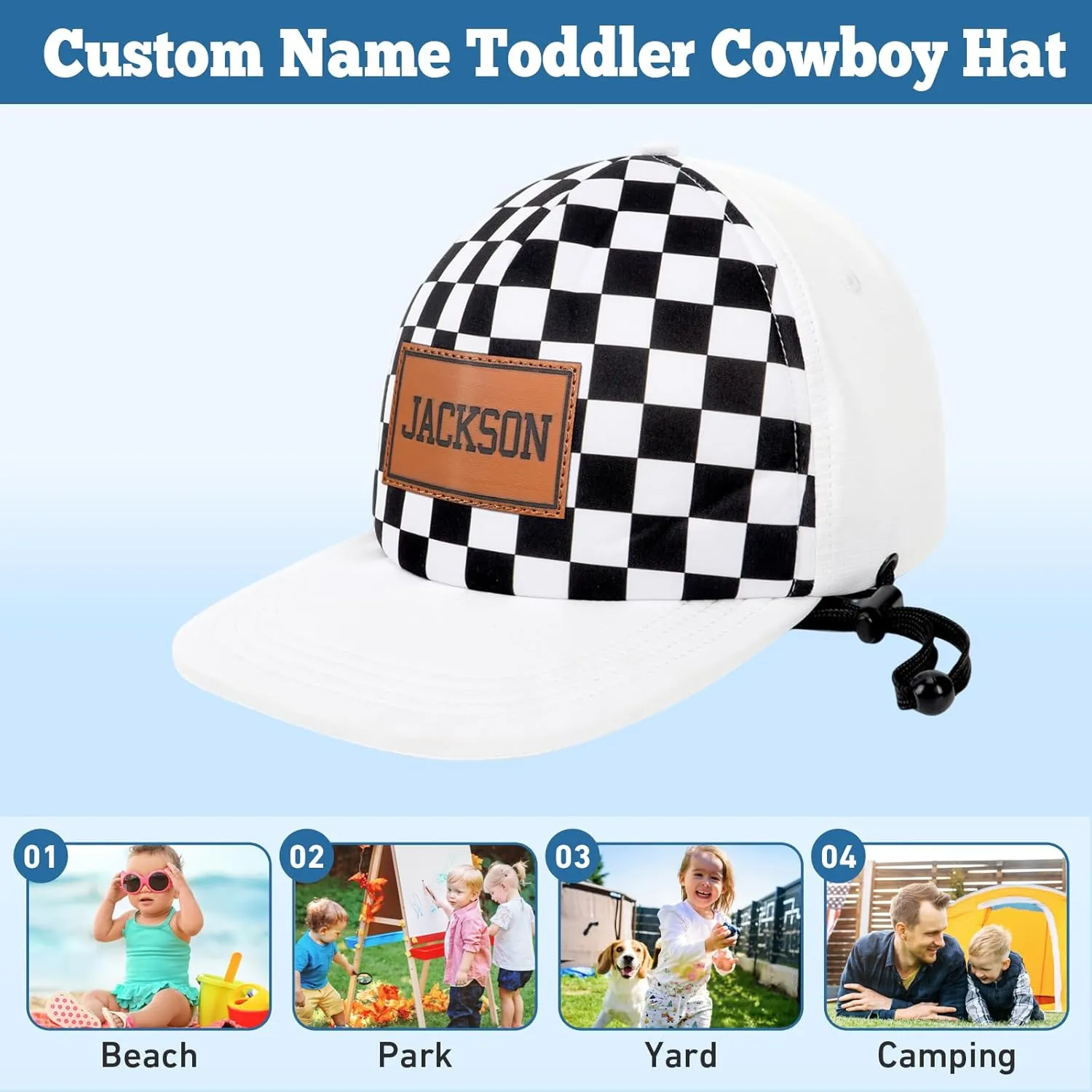 Personalized Baby Sun Hats, Leather Patch Toddler Baseball Cap, Adjustable Chin Strap Trucker Hat for Infant Boys Girls