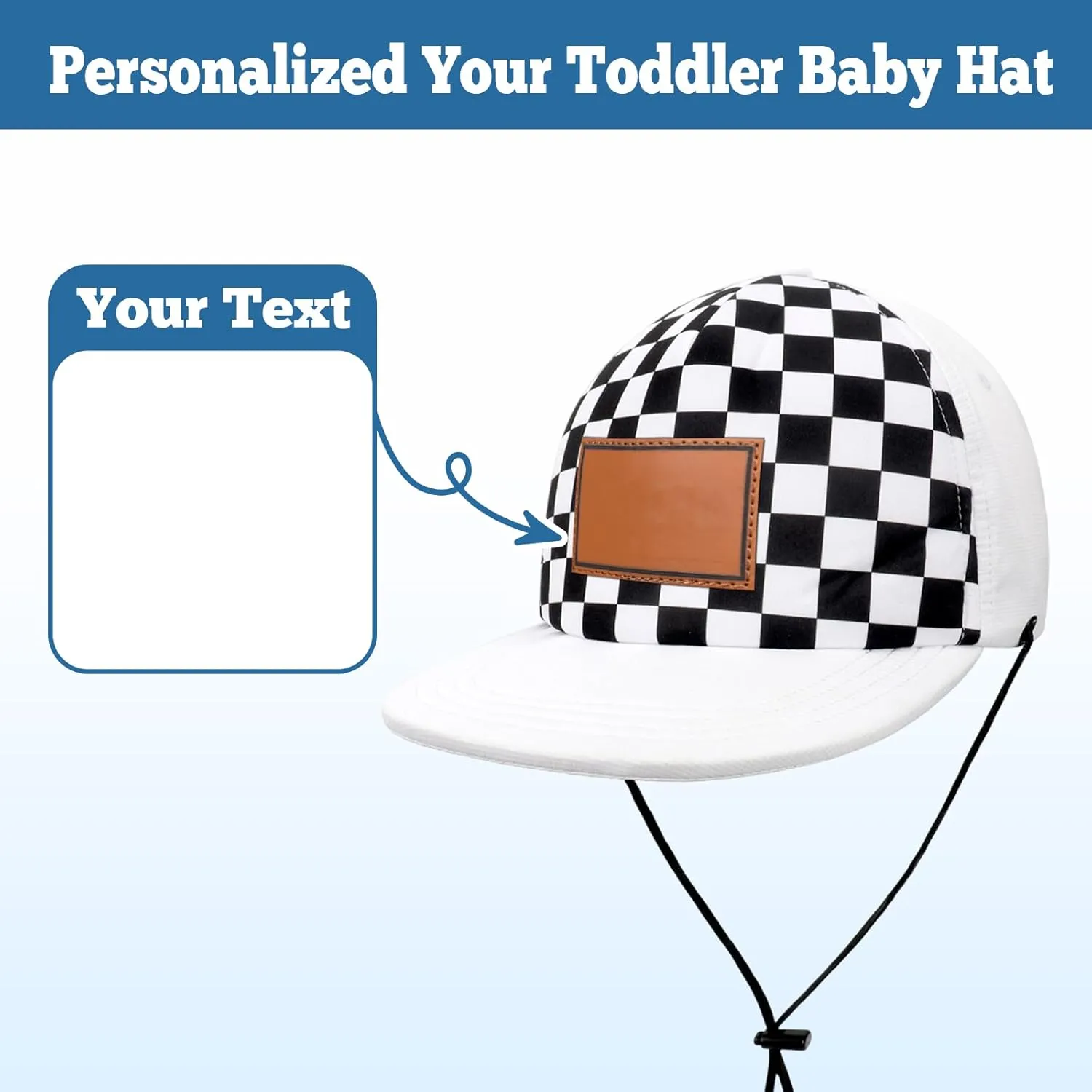 Personalized Baby Sun Hats, Leather Patch Toddler Baseball Cap, Adjustable Chin Strap Trucker Hat for Infant Boys Girls