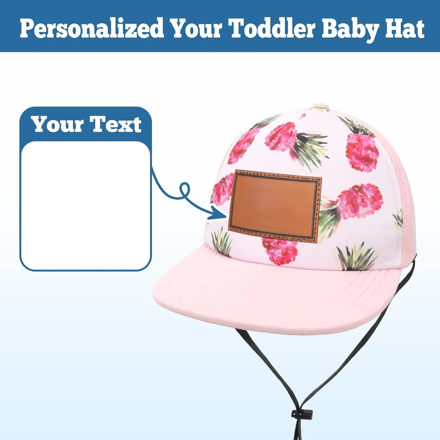 Personalized Baby Sun Hats, Leather Patch Toddler Baseball Cap, Adjustable Chin Strap Trucker Hat for Infant Boys Girls