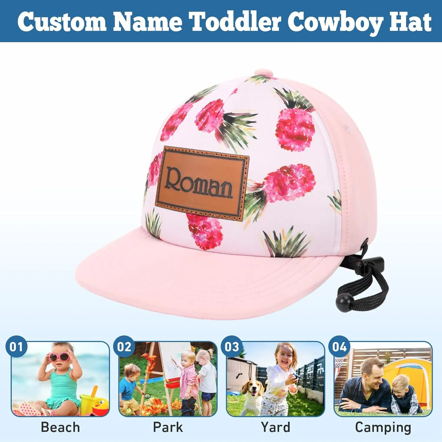 Personalized Baby Sun Hats, Leather Patch Toddler Baseball Cap, Adjustable Chin Strap Trucker Hat for Infant Boys Girls