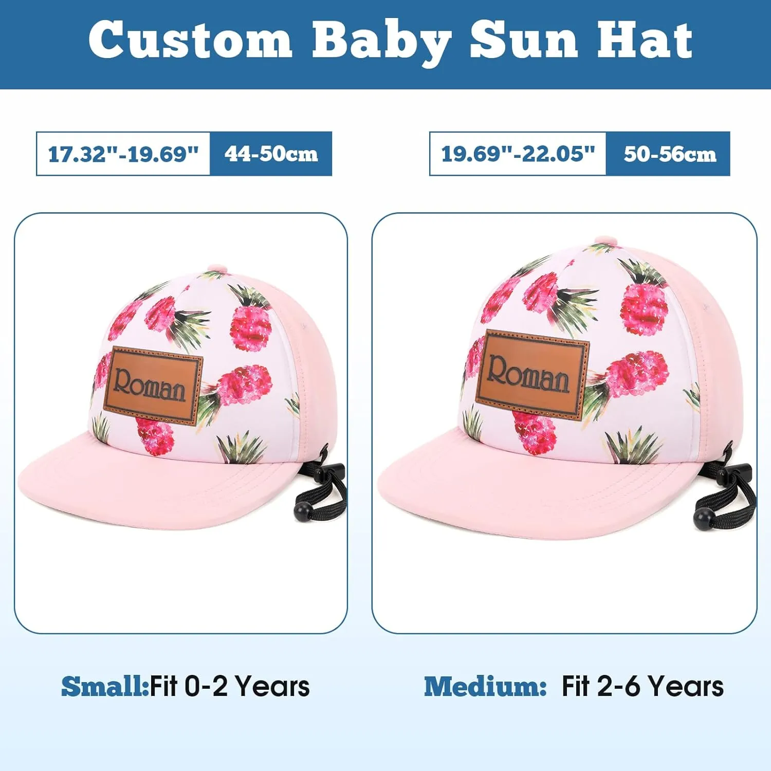Personalized Baby Sun Hats, Leather Patch Toddler Baseball Cap, Adjustable Chin Strap Trucker Hat for Infant Boys Girls