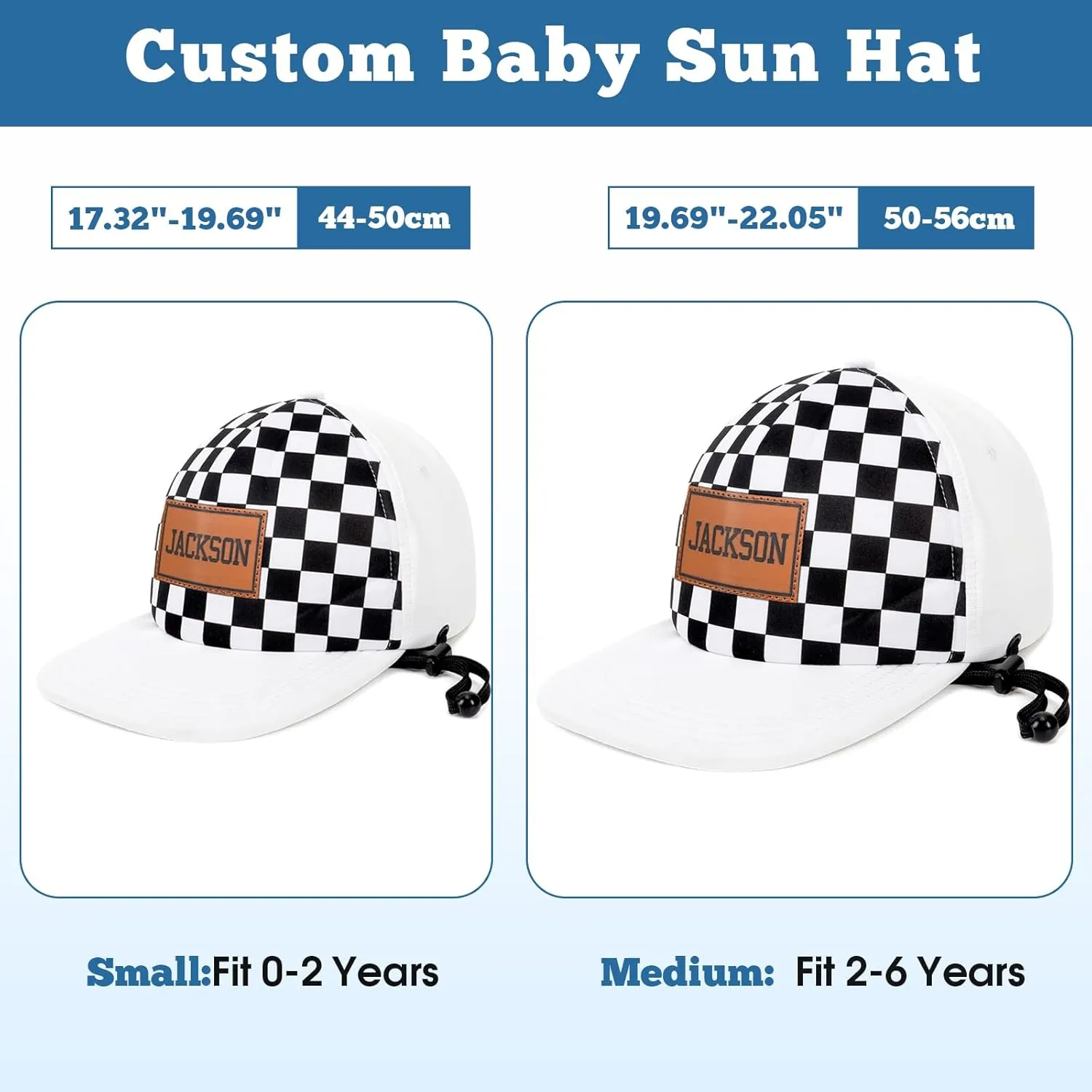 Personalized Baby Sun Hats, Leather Patch Toddler Baseball Cap, Adjustable Chin Strap Trucker Hat for Infant Boys Girls