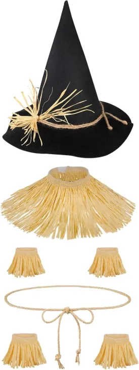 quescu 7pcs Scarecrow Costume Set For Adults,Kis,Scarecrow Hat And Straw Kit for Halloween Dress Up Costume Accessories