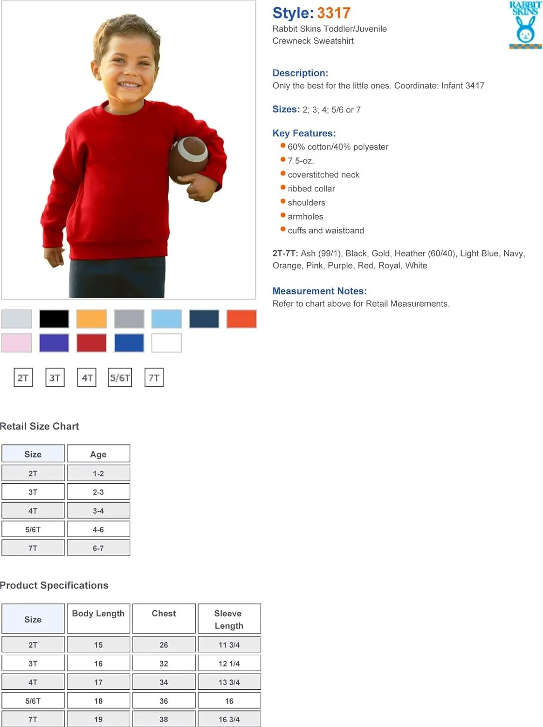 RABBIT SKINS Toddler Juvenile Blended Fleece Sweatshirt