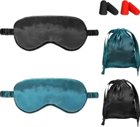 Silk Satin Sleeping Mask Eye Mask Set Include 2 Blindfold Eyeshade Elastic Strap Double Layer Silk Filling Eye Cover 2 Ear Plugs 2 Storage Bags for Women and Men Sleep Travel Nap (Black, Dark Green)