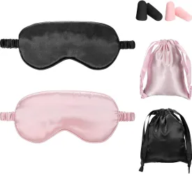 Silk Satin Sleeping Mask Eye Mask Set Include 2 Blindfold Eyeshade Elastic Strap Double Layer Silk Filling Eye Cover 2 Ear Plugs 2 Storage Bags for Women and Men Sleep Travel Nap (Black, Taro Purple)