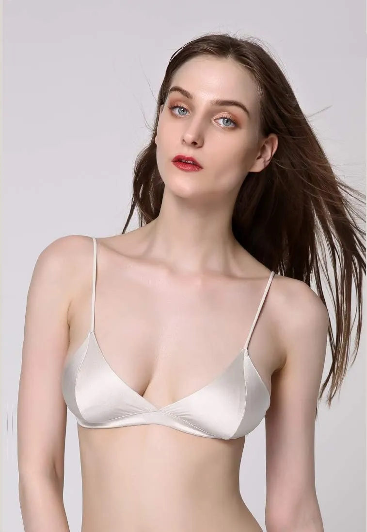 SilRiver Women's Silk Satin Triangle Bralette Soft Cup Wireless Bra Smooth and Comfortable Wire Free Bra Top