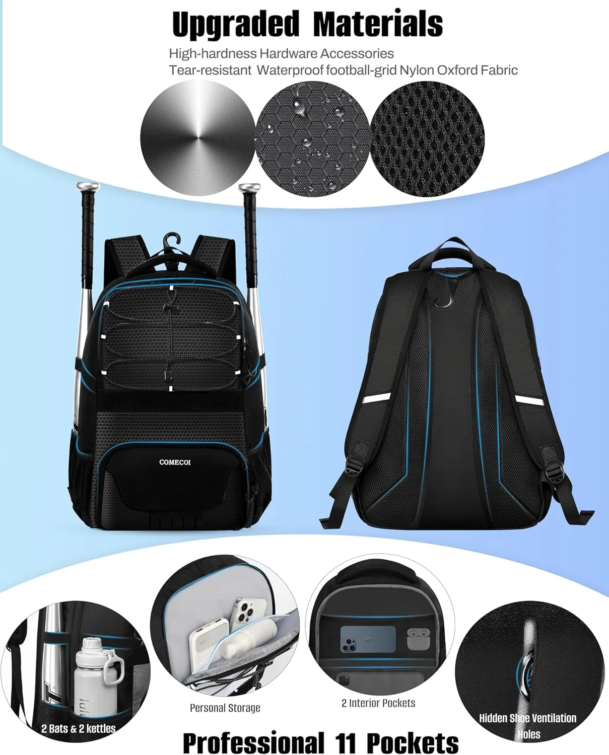 Softball Bag, Lightweight Baseball Backpack with Shoes Compartment, Baseball Bat Bags with Fence Hook for TBall Bat & Equipment, for Batting Mitten, Helmet, for Girls, Boys, Youth, Adults