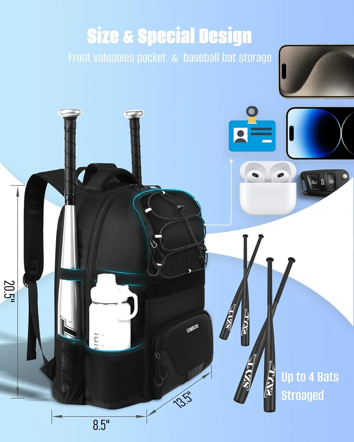 Softball Bag, Lightweight Baseball Backpack with Shoes Compartment, Baseball Bat Bags with Fence Hook for TBall Bat & Equipment, for Batting Mitten, Helmet, for Girls, Boys, Youth, Adults