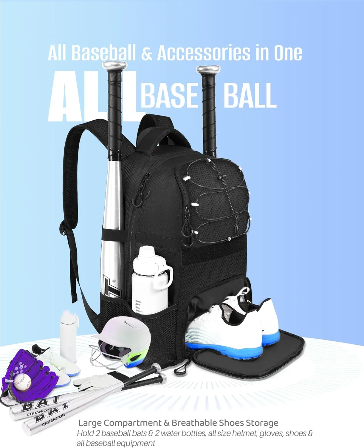 Softball Bag, Lightweight Baseball Backpack with Shoes Compartment, Baseball Bat Bags with Fence Hook for TBall Bat & Equipment, for Batting Mitten, Helmet, for Girls, Boys, Youth, Adults
