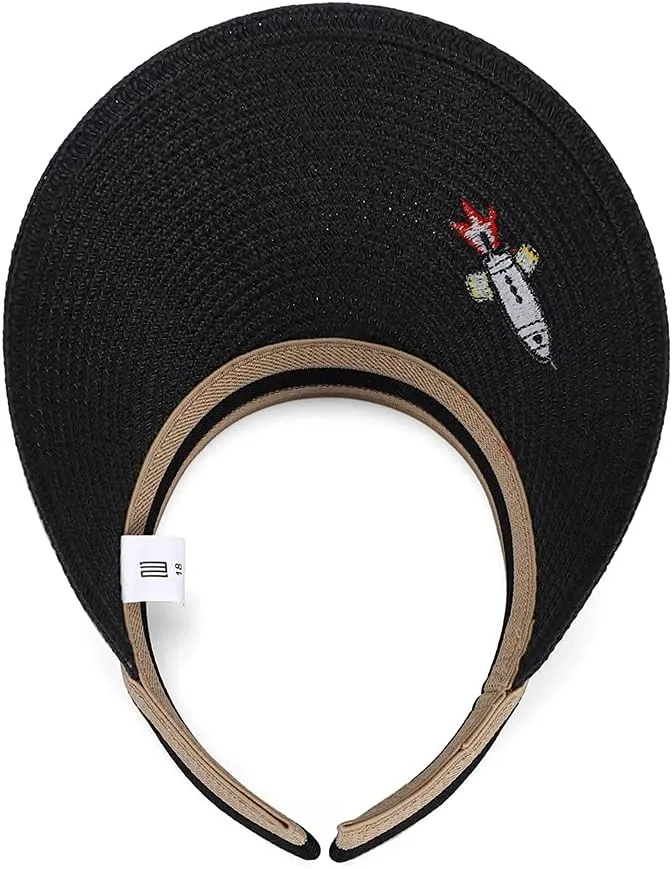 Straw Sun Visors Hats for Kids Embroidered Boys and Girls Wide Brim Roll Up Ponytail Open Top Cap