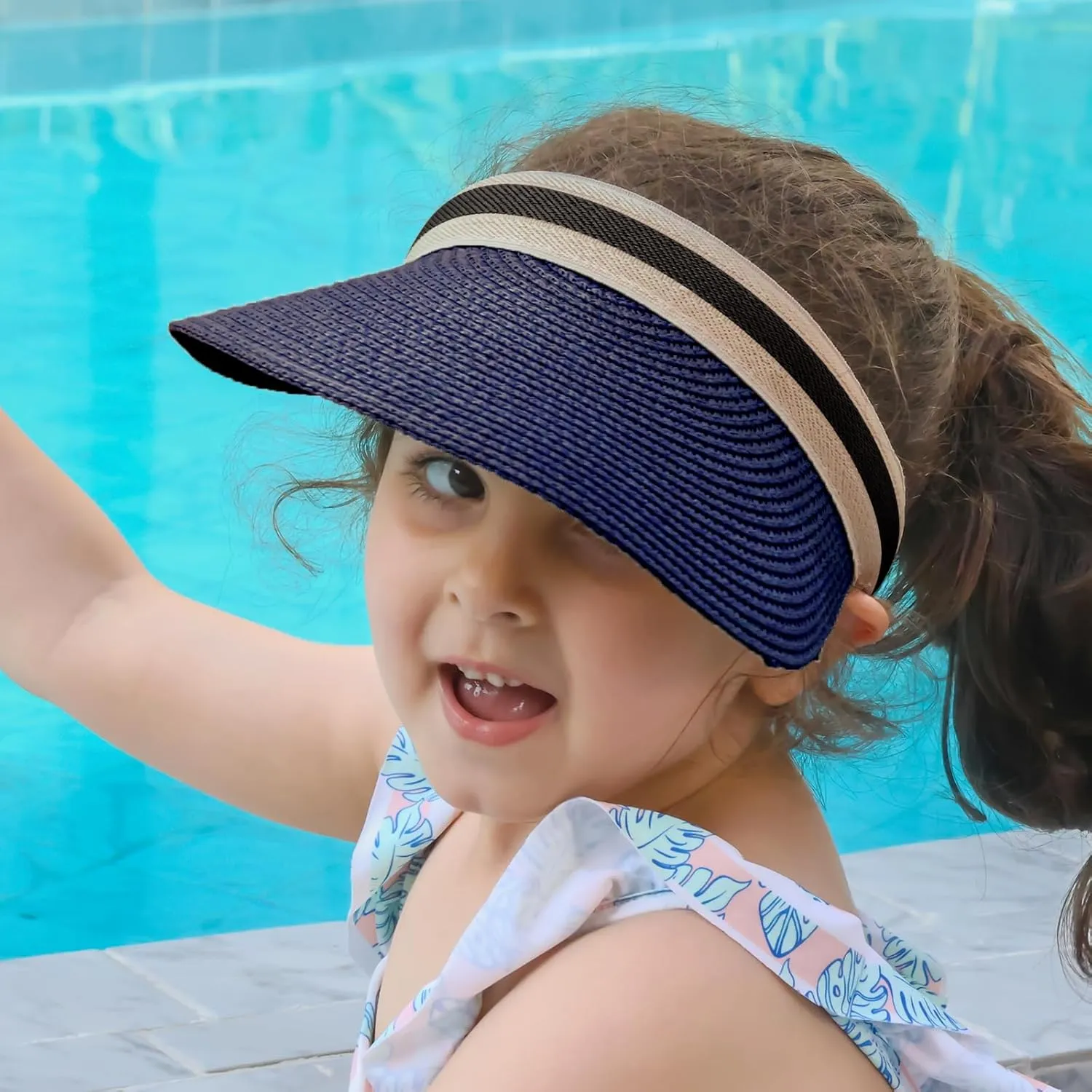 Straw Sun Visors Hats for Kids Embroidered Boys and Girls Wide Brim Roll Up Ponytail Open Top Cap