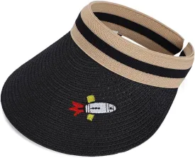 Straw Sun Visors Hats for Kids Embroidered Boys and Girls Wide Brim Roll Up Ponytail Open Top Cap