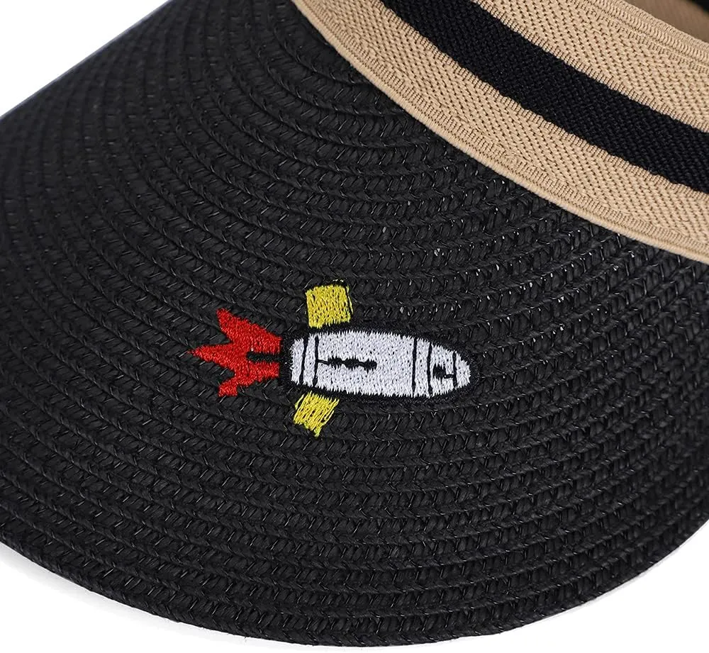 Straw Sun Visors Hats for Kids Embroidered Boys and Girls Wide Brim Roll Up Ponytail Open Top Cap