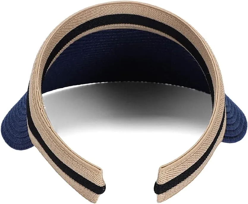Straw Sun Visors Hats for Kids Embroidered Boys and Girls Wide Brim Roll Up Ponytail Open Top Cap