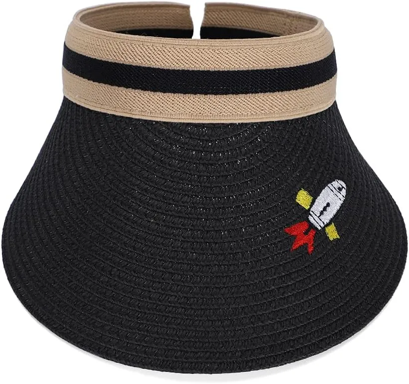 Straw Sun Visors Hats for Kids Embroidered Boys and Girls Wide Brim Roll Up Ponytail Open Top Cap