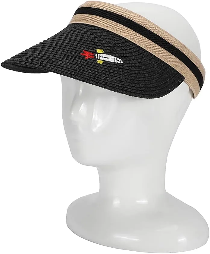 Straw Sun Visors Hats for Kids Embroidered Boys and Girls Wide Brim Roll Up Ponytail Open Top Cap