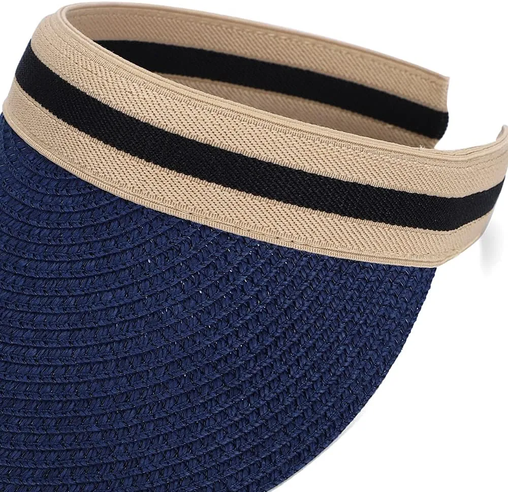 Straw Sun Visors Hats for Kids Embroidered Boys and Girls Wide Brim Roll Up Ponytail Open Top Cap