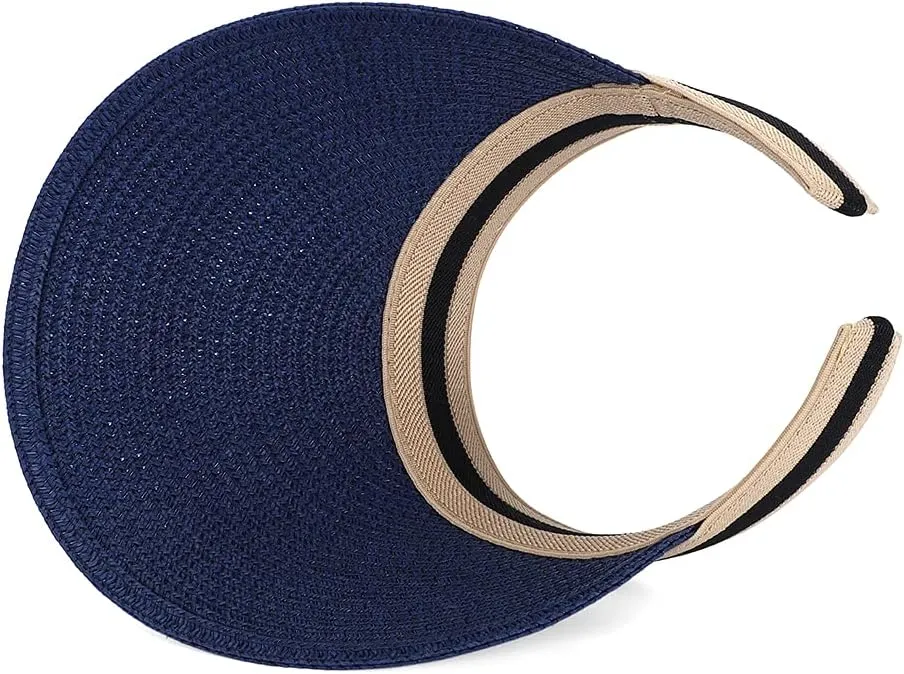 Straw Sun Visors Hats for Kids Embroidered Boys and Girls Wide Brim Roll Up Ponytail Open Top Cap