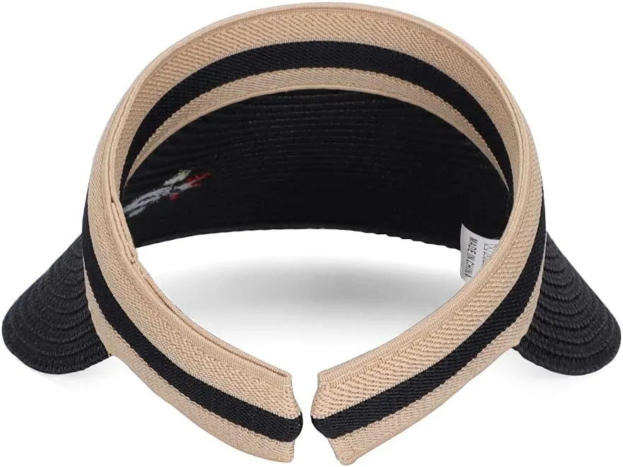 Straw Sun Visors Hats for Kids Embroidered Boys and Girls Wide Brim Roll Up Ponytail Open Top Cap