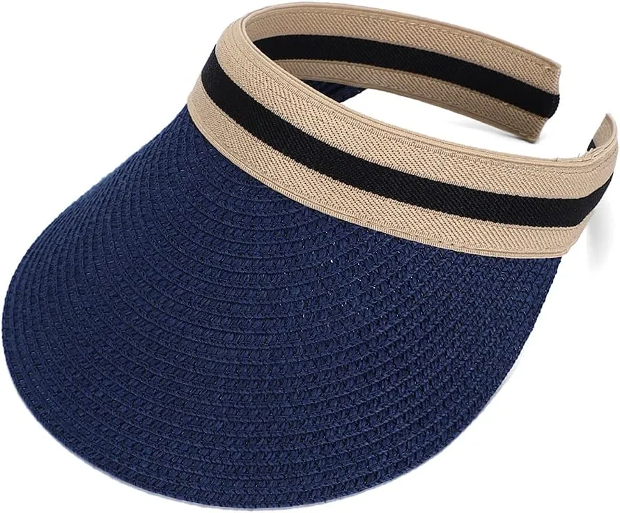 Straw Sun Visors Hats for Kids Embroidered Boys and Girls Wide Brim Roll Up Ponytail Open Top Cap